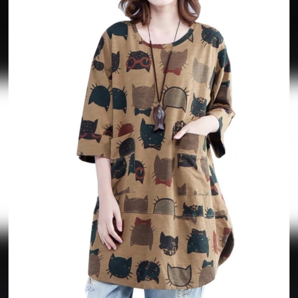 EllaZhu Brown Cat Short SleeveBaggy Tunic Shirt Womens Size One Size